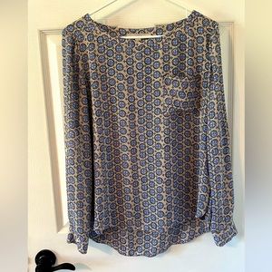 Ann Taylor LOFT Long sleeve, blue and tan blouse